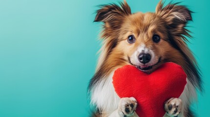 Adorable Shetland Sheepdog  Holding Red Plush Heart with the paws , isolated background, ...