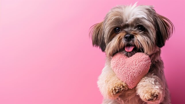 Adorable Shih Tzu Dog Puppy Holding Pink Heart Pillow with the paws, isolated pink background, Valentine's Day greetings, pet photos, animal illustrations, copy space, 