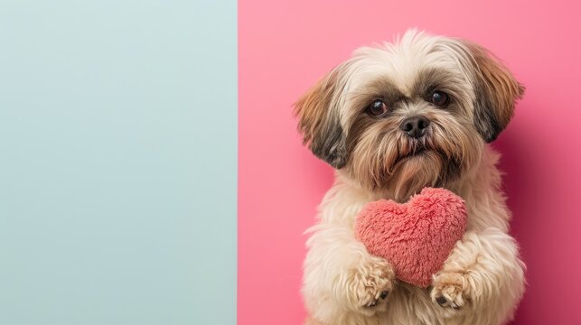Adorable Shih Tzu Dog Puppy Holding pink Heart Pillow with the paws, isolated background, Valentine's Day greetings, pet photos, animal illustrations, copy space, 