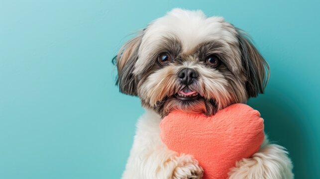 Adorable Shih Tzu Dog Puppy Holding Pink Heart Pillow  with the paws, isolated blue background, Valentine's Day greetings, pet photos, animal illustrations, copy space, 