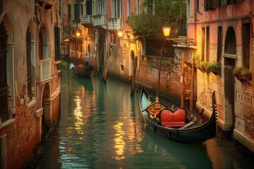 Canal scene in Venice, with gondolas gliding along the waterways, ancient buildings reflected in the water, and the soft glow of streetlights