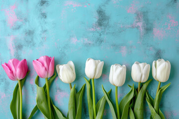 A row of white and pink tulips on a blue background