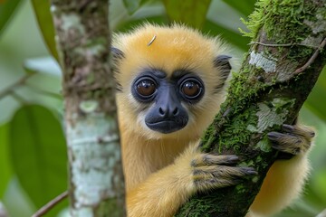 Fototapeta premium Rare Golden Langur: Endangered Primate, Curious Expression, Tropical Forest, Wildlife Conservation, Arboreal Habitat, Unique Species, Golden Fur, Big Eyes, Nature Photography, Biodiversity