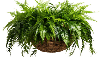 Wicker Basket with Cascading Ferns on white background