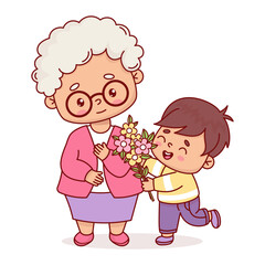 Happy elderly grandmother with boy grandson with bouquet of flowers. Vector illustration cartoon flat style. Positive holiday character for holiday design Women's, Mother's and grandma's day