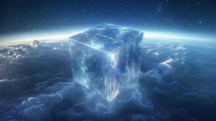 A cube composed of glass nail, floating in infinite empty blue space. - obrazy, fototapety, plakaty
