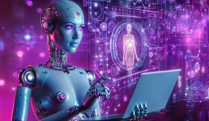 humanoid robot working with a laptop on a futuristic background