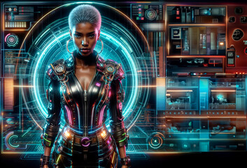 robot woman with computer, female cyborg with futuristic HUD elements in the background