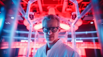 Doctor Doom? scientist in spooky light in a laboratory - obrazy, fototapety, plakaty