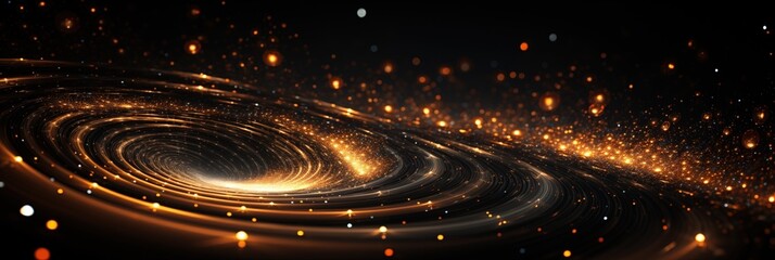 Abstract black hole with gold shimmers and lights. A stunning vortex of universal scale, sucking in all things! Amazing events in space and black holes. - obrazy, fototapety, plakaty