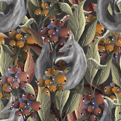 Seamless botanical pattern with wolves. Various herbs and flowers, hand-drawn. Vintage vector illustration of flowers. An idea for wallpaper and textiles. A linear drawing. Rustic style. Sna. Berries. © zezeland