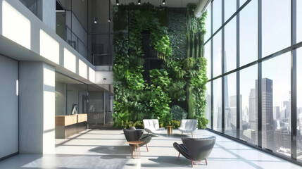 Modern Office space with Vertical Garden Wall and large windows.
