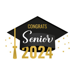 Senior 2024 lettering with graduation cap isolated on white. Congratulations to graduates typography poster.  Vector template for greeting card, banner, sticker, label, shirt, etc.
