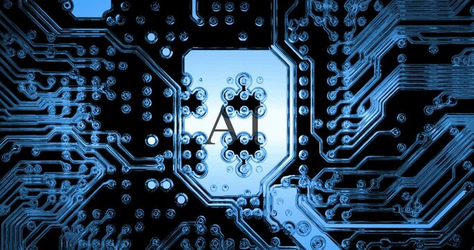 Animation of technical scheme of computer circuit board, random letters generations and AI inscription, color changing. Details of mainboard with microelectronics components, lines and connections