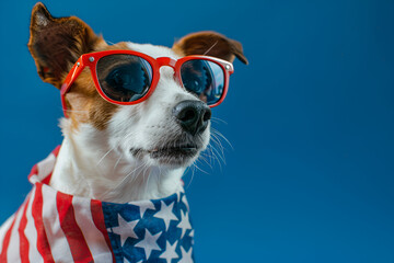 Cool Dog, A dog wearing a red, white and blue bandana and sunglasses, dachshund sausage dog wearing sunglasses of usa on independence day  of j reflections on glasses, isolated on white background
 - obrazy, fototapety, plakaty