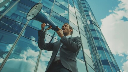 innovative entrepreneur promoting business strategy with megaphone in front of corporate building among bustling workforce