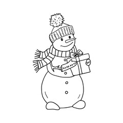 A snowman in a hat mittens and scarf holds a gift box. Hand drawn with black line on white background. Coloring.