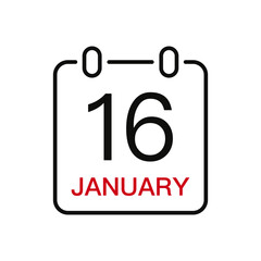 January 16 date on the calendar, vector line stroke icon for user interface. Calendar with date, vector illustration.
