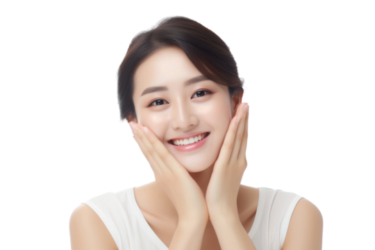 Smiling woman touching healthy facial skin, skincare and cosmetics concept, isolated on transparent background