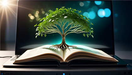 A tree sprouting from the pages of a laptop, representing the digital transformation of information
