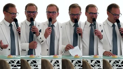 A handsome host leads the wedding ceremony. collage, multiscreen. An artist in a white suit leads the event, speaks into a microphone, gesturing with his hands.