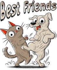 Cat and Dog Best Friends Illustration. Pet Lovers T-shirt Print