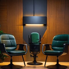 A broad banner for media chats or podcast streamers' conceptions including two chairs and a green tree isolated on a dark background with copyspace