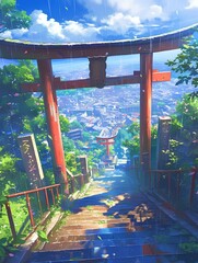 Summer view of the steps of the raining traditional Japanese shrine. Beautiful blue sky and panoramic view of the city. cinematic and scenic painting. anime style illustration. generative AI
