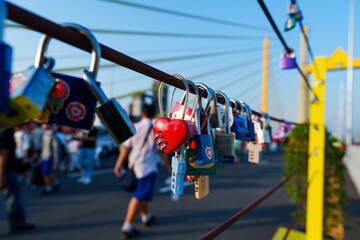 Love locks hanging on parallel bridge to Rama 9 Bridge Chao Phraya River, Thailand's first parallel...
