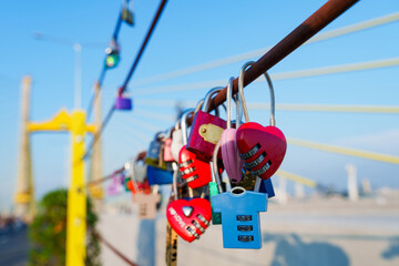 Love locks hanging on parallel bridge to Rama 9 Bridge Chao Phraya River, Thailand's first parallel...