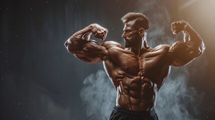 extreme bodybuilding with very muscular man flexing arms and chest, showcasing the power and strength of an athlete in the fitness world with ample copy space - obrazy, fototapety, plakaty