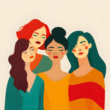 Four women of different nationalities and cultures standing together. Women's friendship. The concept of the female empowerment movement. 
