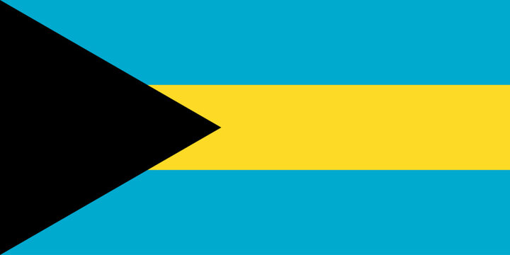 Close-up of black, blue and yellow national flag of Caribbean country of Bahamas. Illustration made March 1st, 2024, Zurich, Switzerland.