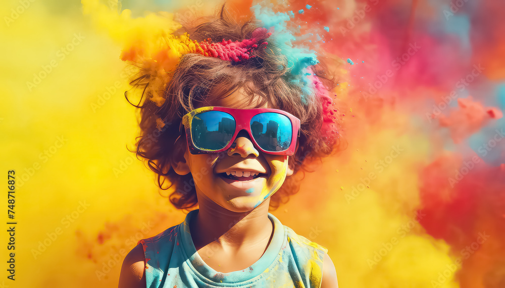 Wall mural happy kid in glasses and paint dust at festival , happy holi indian concept