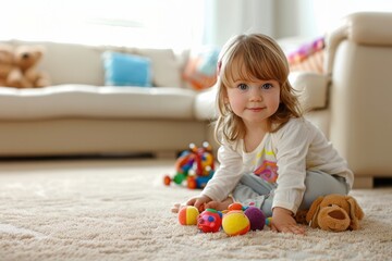 Portrait happy kid playing in a kindergarten or children's room at home with wooden educational toys