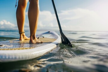 Paddle board in the sea close up of standing legs