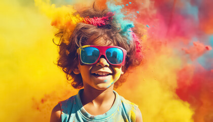 Happy kid in glasses and paint dust at festival , happy holi indian concept - obrazy, fototapety, plakaty