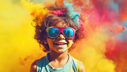Foto op Aluminium Happy kid in glasses and paint dust at festival , happy holi indian concept © terra.incognita