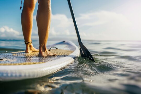 Paddle board in the sea close up of standing legs