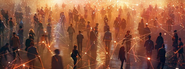 networking technology, large crowd of people connected by glowing lines of light, demonstrating the effectiveness of digital communication
