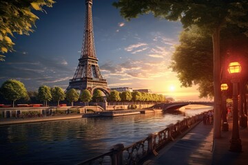 the eiffel tower with boats on the seine - obrazy, fototapety, plakaty