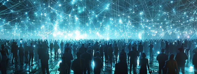 large crowd of people connected by glowing lines of light in communication and networking effect, demonstrating the power of digital technology