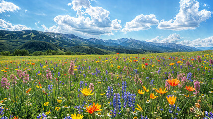 Obraz premium Beautiful green meadow with colourful flowers in the summer