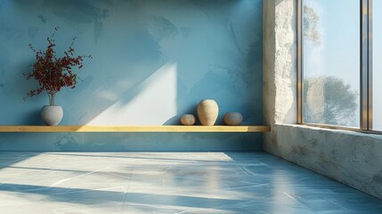 Sunlit Room with Elegant Vases and Blue Tones Interior.