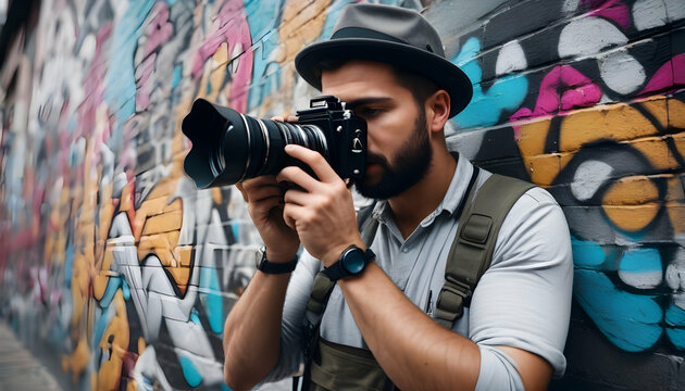 Hipster photographer taking photos with a DSLR camera against a colorful graffiti wall.