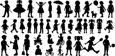Kids silhouette, playful childrean energy, diverse child activities. Ideal for family, education, recreation themes. Capturing childhood, imagination, learning, joy, happiness, exploration, creativity