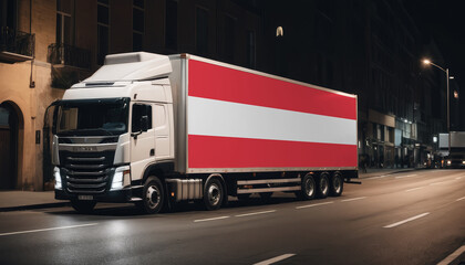 A truck with the national flag of Austria depicted carries goods to another country along the highway. Concept of export-import,transportation, national delivery of goods.