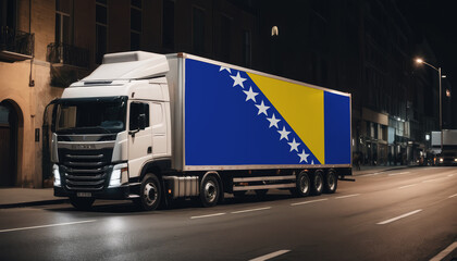 Naklejka premium A truck with the national flag of Bosnia and Herzegovina depicted carries goods to another country along the highway. Concept of export-import,transportation, national delivery of goods.