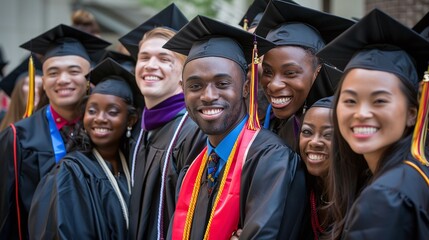 diverse group of students smiling joyously in their caps and gowns, celebrating their educational milestone at college graduation ceremony - obrazy, fototapety, plakaty