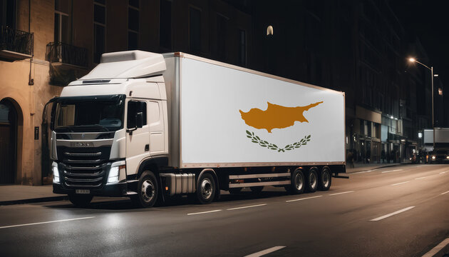 A truck with the national flag of Cyprus depicted carries goods to another country along the highway. Concept of export-import,transportation, national delivery of goods.
